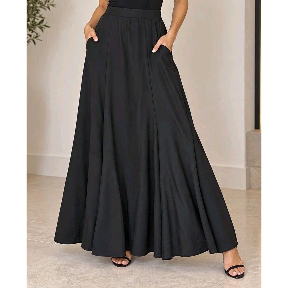 Vintage Oleg Cassini Black Maxi Skirt Size 16 Triacetate A-Line Flare Long Skirt